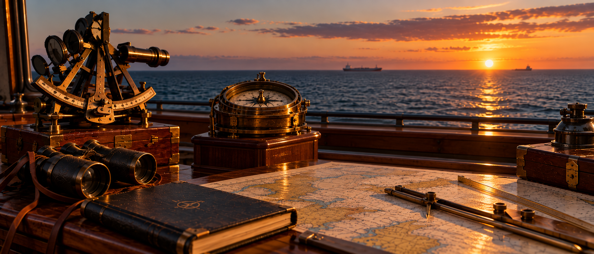 Traditional maritime navigation instruments at sunset